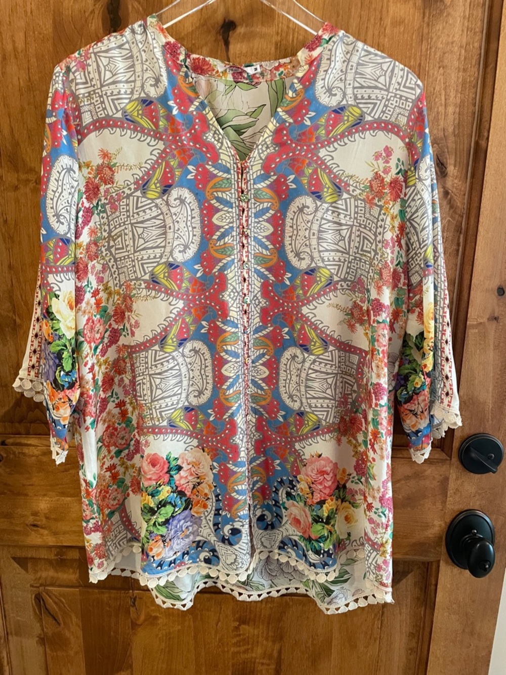 Johnny Was Blush Silk Button Down Blouse Multi Floral Paisley Boho Size Medium